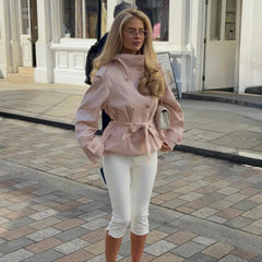 Stand Collar Double Breasted Long Sleeve Belted Short Trench Coat