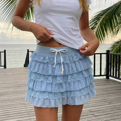 Drawstring Lace Trim Tiered Ruffle Mini Skirt