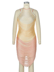 Tassel Bandage O-Neck Gradient Mini Dress