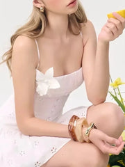 White Spaghetti Strap Eyelet 3d Flower Mini Dress