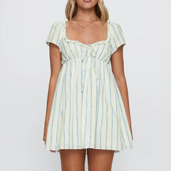 Ruffled Trim Square Neck Short Sleeve A-line Mini Dress