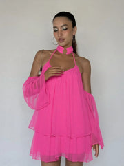 Frill Off-shoulder Long Sleeve Chocker Mini Dress