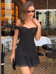 Black Off Shoulder Neck Polka Dot Mini Dress