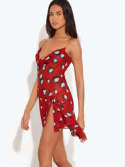 Red Printed Sheer Cowl Neck Mini Dress