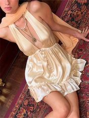 White Satin V-Neck Buttoned Mini Dress