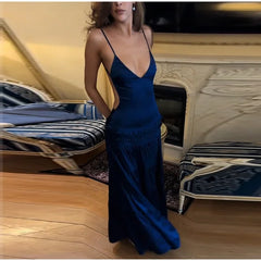 Blue Velvet Ruffles Backless Long Dress
