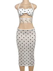 Polka Dots Slit Crop Top And Mid Skirts Set