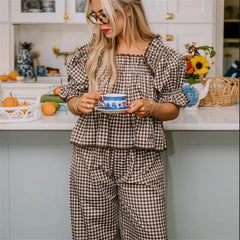 Ruffle Gingham Puff Sleeve Babydoll Shirts and Pants Lounge Set