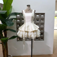 White Satin Square Collar Detachable Lace Bow Frill Hem Mini Dress