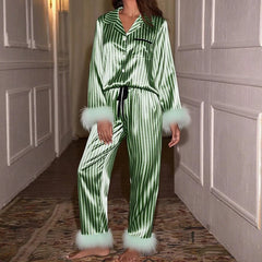 Feather Trim Striped Satin Long Sleeve Shirt And Pants Sleepwear Set