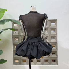 Lace Sheer Corset Crop Top And Wide Belt Bubble Hem Skirt Set