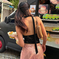 Wrap Around Halter Deep V Neck Sheer Lace Crop Top