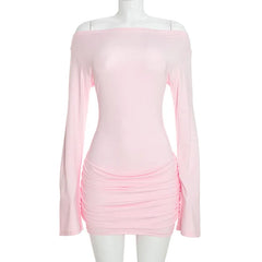Pink Off-Shoulder Long Sleeve Ruched Mini Dress
