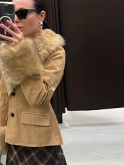 Brown Suead Faux Fur Patchwork Jacket