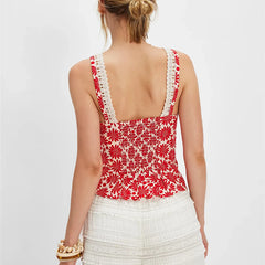 Floral Printed Patchwork Front Tie Trim Top