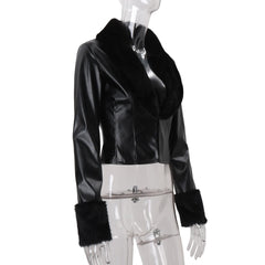 Black PU Fur Collar Short Jacket
