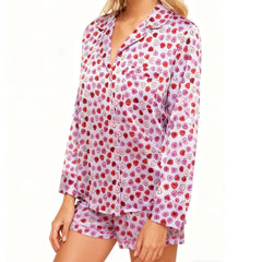 Purple Satin Heart Print Long Sleeve Button Top with Shorts Pajama Set