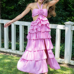 Ruffles Flowy Tiered Halter Tie Neck Maxi Dress