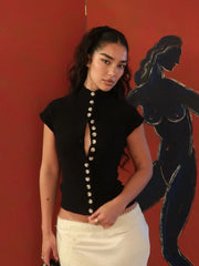 Black Turtleneck Short Sleeve Button Top