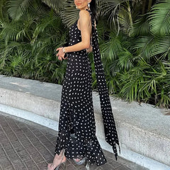 Black Polka Dot Long Dress With Scarf Ribbon