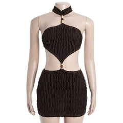 Hollow-out Halter Beaded Textured Mini Dress