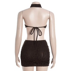 Hollow-out Halter Beaded Textured Mini Dress