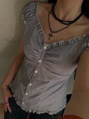 Ruffle Hem Short Sleeve Button Up Top