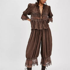 Lace Trim Bow Tie Front Short Sleeve Shirts And Ruffle Flared Lantern Pants Loungewear Set