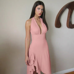 Pink Deep V Neck Halter Frill Hem Mini Dress