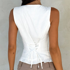 White Sleeveless Hollow Ou Tie Back Top