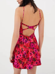 Red Floral Print Bustier Strappy Mini Dress