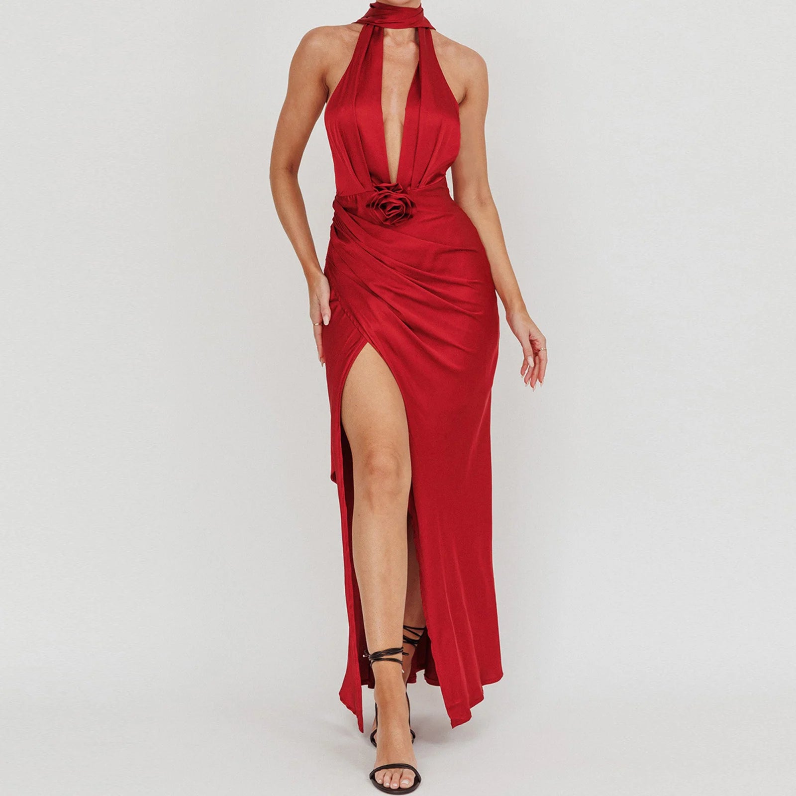Red halter neck dress with a high slit - front