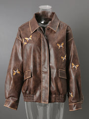 Brown Embroidery Butterfly Faux Leather Bomber Jacket