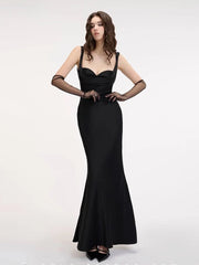 Satin Sling V Neck Backless Bow Long Dress