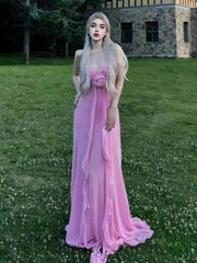 Pink Plunge V-neck 3D Flower Maxi Dress