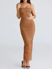 Bodycon mesh Pleated Midi Strappy Dress