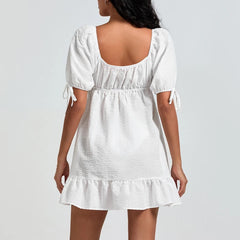 White Puff Sleeve Square Collar Babydoll Mini Dress