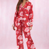Heart Print Satin Long Sleeve Button Shirts And Pants Pajama Set