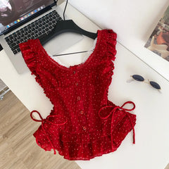 Red Polka Dot Lace Up Ruffle Sleeve Corset Top