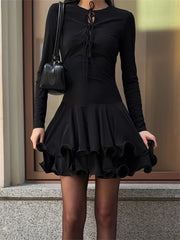 Long Sleeve Ruffle Hem Lace Up Mini Dress