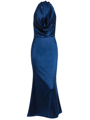 Blue Satin Halter Neck Backless Maxi Dress