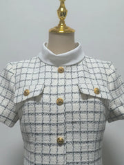 White High Collar Plaid Button Up Mini Dress