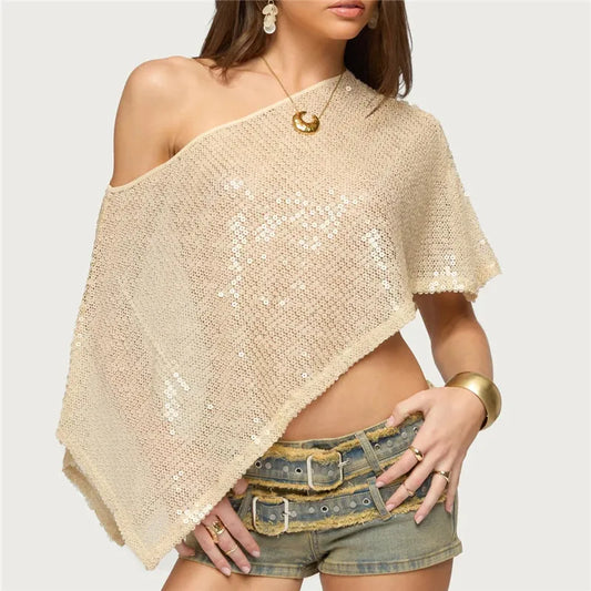 Asymmetric Off Shoulder Sequin Mesh Poncho Top