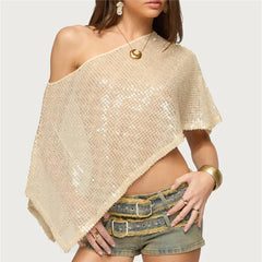 Asymmetric Off Shoulder Sequin Mesh Poncho Top