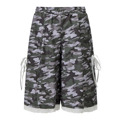 Elastic Waist Knee Length Plaid Camo Print Lace Trim Bermuda Capri Shorts