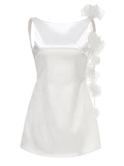 Satin Open Back Strap Flower Draped Mini Dress