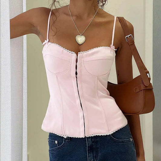Pink Corset Cami Lace Trim Bustier Top