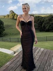 Black Ruched Strappy Mesh Midi Dress