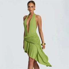 Deep V-Neck Halter Twisted Pleated Waist Irregular Hem Mini Dress