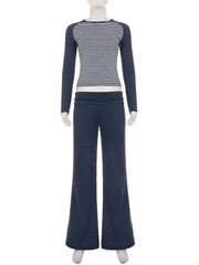 Blue Striped Long Sleeve Crop Top And Low Waist Flared Pants Set